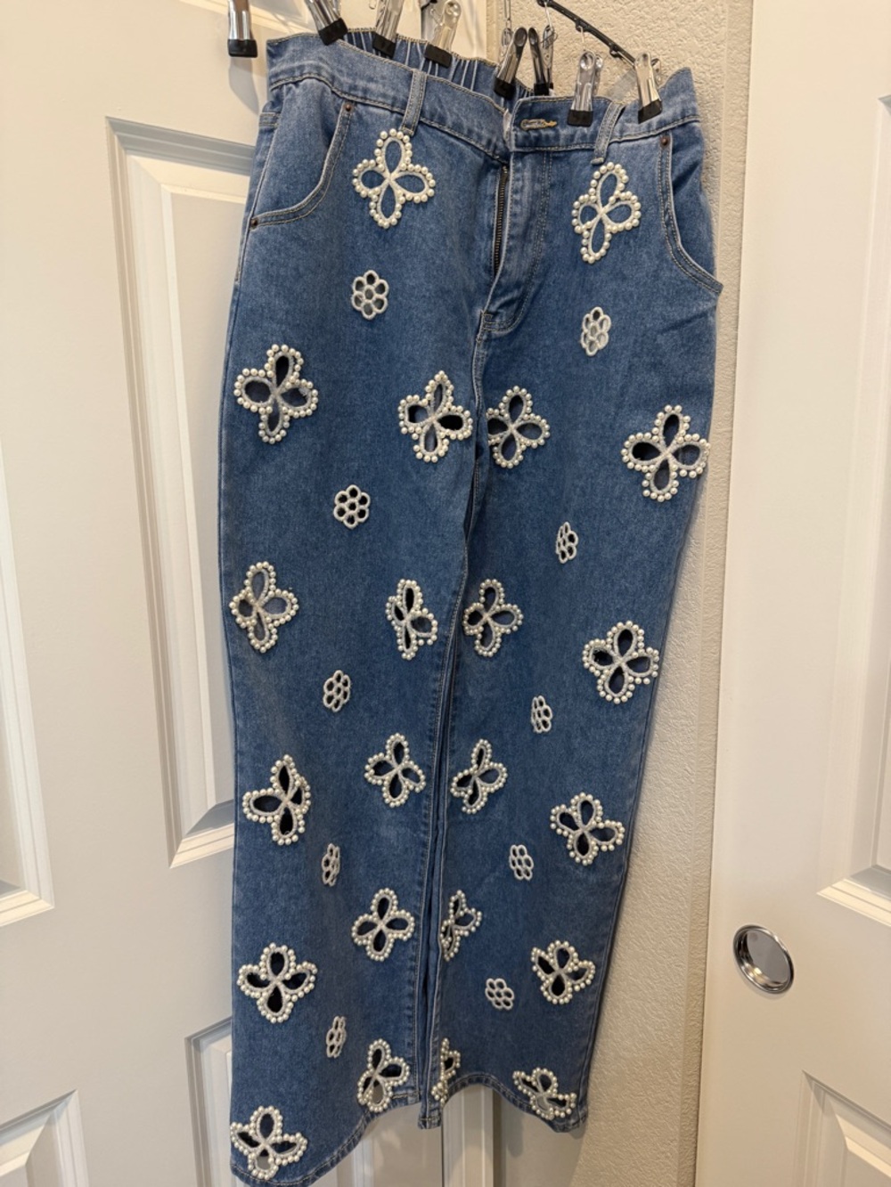 Oli & Hali Blue Denim Straight-Leg Jeans with Pearl Floral Appliqués